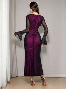 Modelyn Robe élégante femme avec manches en cloche en maille et jupe évasée