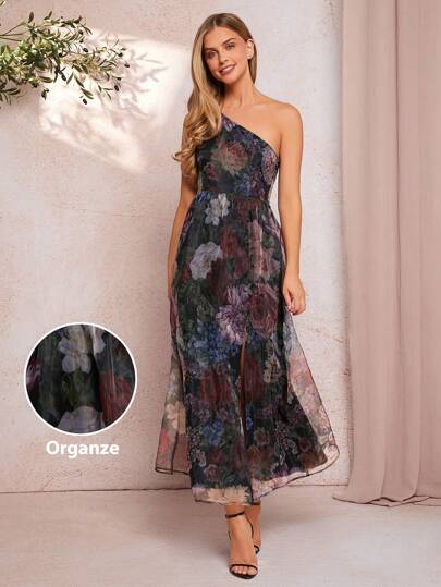 Amorya Classic Women Floral Print Sleeveless Asymmetrical Neck Tulle Gathered Waist Dress, Elegant Outing And Everyday Wear, Spring/Summer Fall/Winter Women Clothes Back To School Modest Vintage Old Money Teacher Outfits For Women Airport