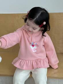 DAZY 女婴连帽纯色休闲荷叶边长袖卫衣，秋冬季幼儿女童服装 - 粉色 - 查看 3