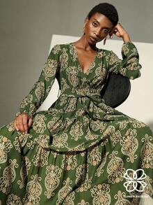 Aveloria Modichic Váy thiết kế kiểu Pháp cổ chữ V, eo thắt, tay đèn lồng bồng bềnh, thanh lịch, họa tiết ngẫu nhiên - màu xanh lá - Xem 3