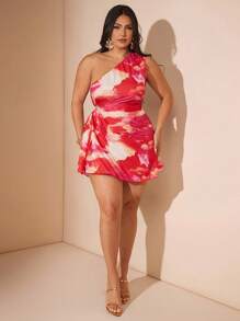 SHEIN BAE Váy quấn thắt nơ eo khoét lỗ thanh lịch, giản dị mùa xuân/hè cỡ lớn dành cho nữ, váy đi biển ôm sát, váy đi biển, váy xếp ly lệch vai nhiều lớp - Đỏ - Xem 6