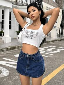 SHEIN ICON 女士休闲水洗牛仔迷你裙，夏季 - 深色水洗藍 - 查看 4