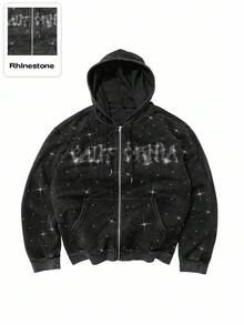 ROMWE MEN Street Life Men's Street Style American Design Rhinestone Zip Up Hoodie Sweatshirt - Black - View 5
