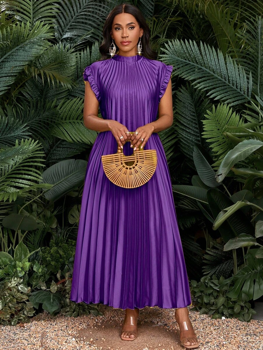 SHEIN Lady 姜黄色缎面褶皱小飞袖中长款女士连衣裙宽松休闲度假优雅派对四季生日活动连衣裙/办公室连衣裙/婚纱/节日连衣裙/ - 紫色 - 查看 1