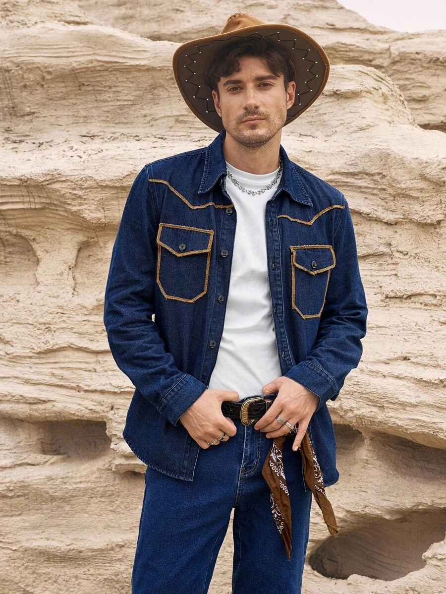 Manfinity Homme 休闲成熟深洗蓝色修身撞色缝线牛仔衬衫，春夏 - 深色水洗藍 - 查看 1