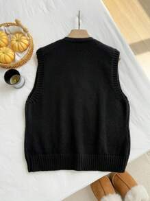 SHEIN EZwear Plus Size Women Floral Embroidery Front Tie Knit Vest Autumn Winter Clothes For Women - Black - View 2