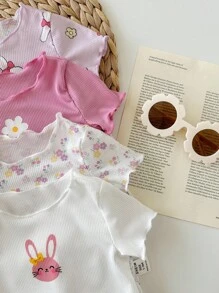 SHEIN Newborn Baby Girl Cute Casual Knitted Elastic Cartoon Pattern Waist Pants (Sold Separately As Top And Bottom)