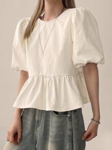 DAZY Women's Casual Solid Color Puff Sleeve Round Neck Tie Back Blouse, Summer