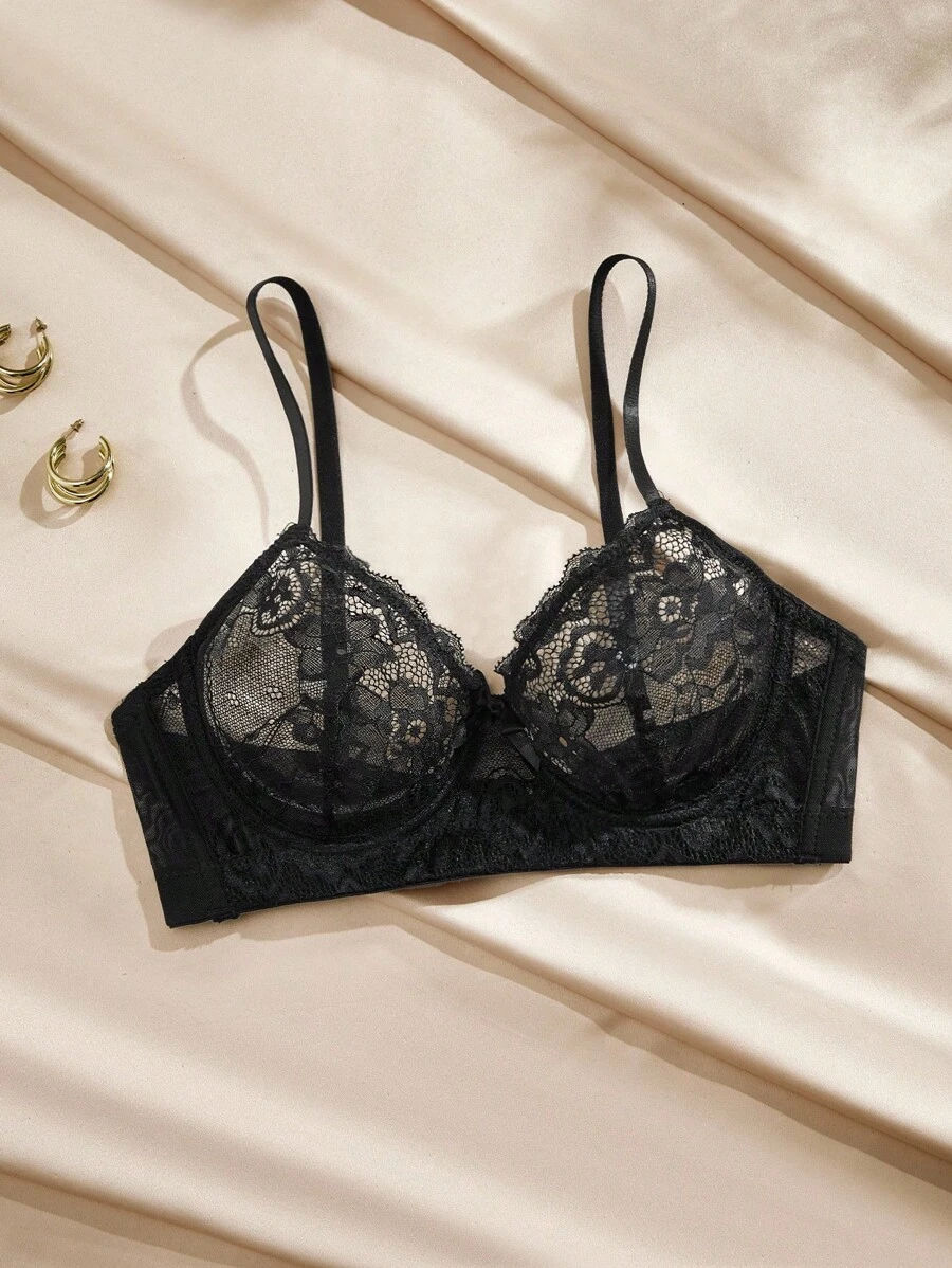 Charlaine Áo ngực có dây buộc ren hoa Đồ lót gợi cảm - màu đen - Xem 1