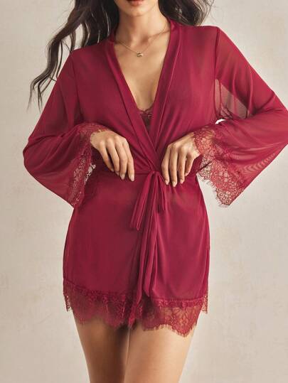 Charlaine 4pack Contrast Kanten Mesh Lingerie Set Robe Belt view 5