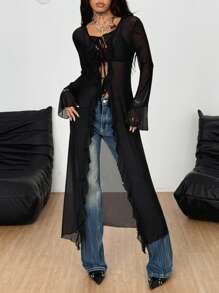 Coolane Women Fall/All-Season Streetwear  Boho Fairycore Daily Wear Rave Renaissance Fair Hippie Music Festival Mesh Straps Ruffle Ribbon Long Coat - Black - View 5