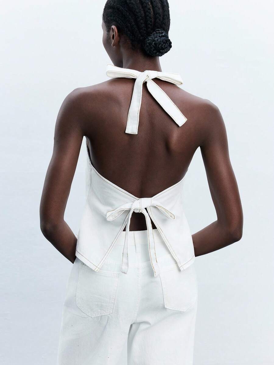 Maija ملابس علوية كاجوال أبيض للنساء بياقة حلقة وظهر مكشوف، طراز عطلة عارضة