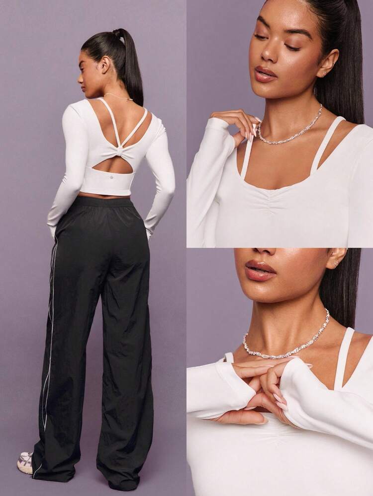 FeatherFit™ Plié Perfect Plissettato Personalizzabile Spalline Lunghezza Corta Manica Lunga Slim Fit Top Con Asole Per Il Pollice Yoga Pilates Barre Studio Abbigliamento Attivo Quotidiano