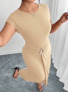 Ellevyn Plus Size Women Elegant Round Neck Metal Button Decor Twist Waist Long Dress, Suitable For Work And Everyday Wear - Khaki - View 7