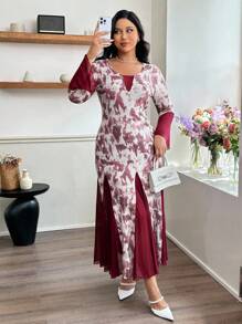 Modelyn 大码休闲时尚修身网眼拼布长袖连衣裙 - 酒紅色 - 查看 3