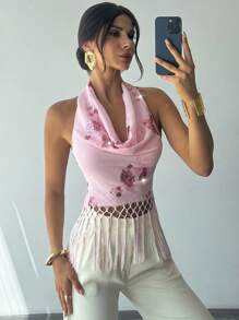 Firerie Women's V Neck Sequin Embroidered Textured Tassel Top Elegant Vacation Sequin Fringe Cami Top For Woman Vacation, Spring/Summer Wear, Festival/Party/Homecoming/Music Festival All-Match Summer Wedding Guest Female/Beachwear, Commute, Elegant, Sexy, Vacation, Beach, Bohemian, Hawaii, Music Festival, Romantic, Date - Mocha Brown - View 8