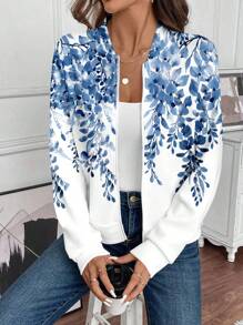EMERY ROSE Chaqueta casual con cremallera para mujer, adecuada para otoño/invierno. Chaqueta con cremallera con estampado floral azul y blanco para mujer en verano - Multicolor - Ver 3