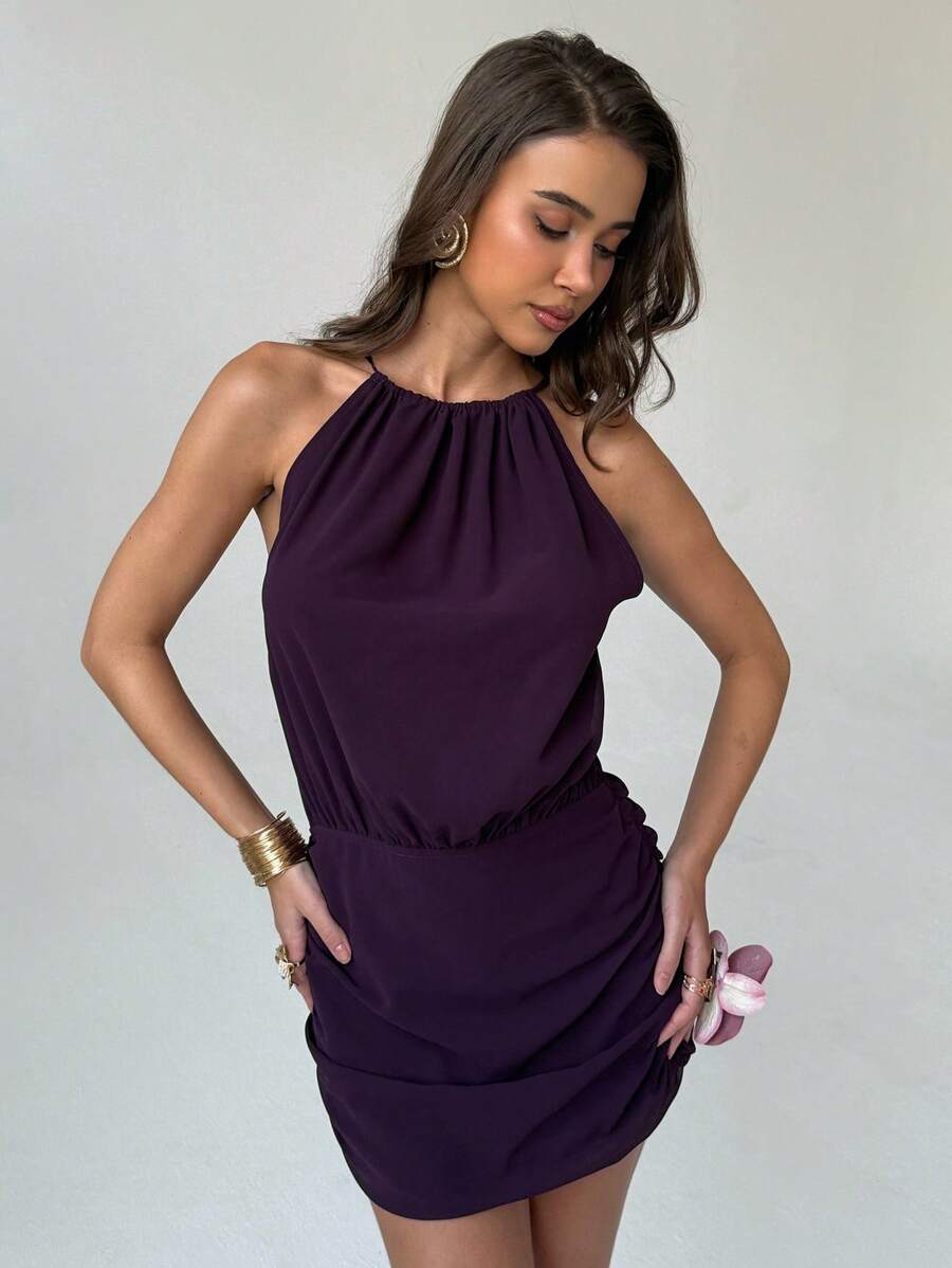 Aloruh Damen elegantes einfarbiges Neckholder-Minikleid, Sommer