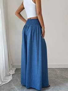 SHEIN LUNE 女式低腰牛仔蓝色垂坠面料侧扣设计优雅休闲度假氛围感恩节万圣节秋季新款时尚百搭小众设计宽松直筒阔腿长裤 - 藍色 - 查看 2