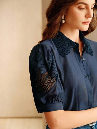 Anewsta Solid Color Elegant Short Sleeve Embroidered Blouse For Women, Suitable For Spring, Summer, Festival, Holiday, Vacation, Elegant, Casual, Classy, Beach