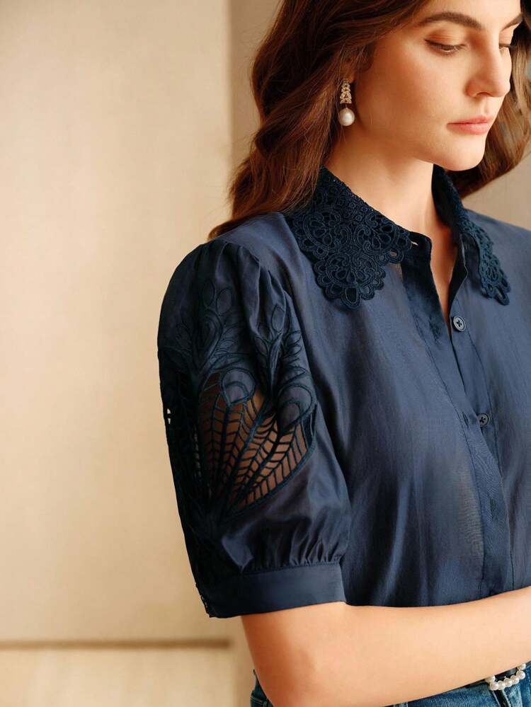 Solid Color Elegant Short Sleeve Embroidered Blouse For Women, Suitable For Spring, Summer, Festival, Holiday, Vacation, Elegant, Casual, Classy, Beach