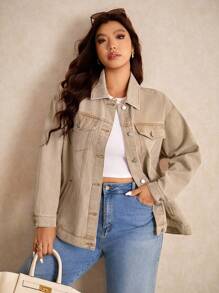 Elaquor Áo khoác denim rách giặt thường ngày cỡ lớn - Màu be - Xem 5