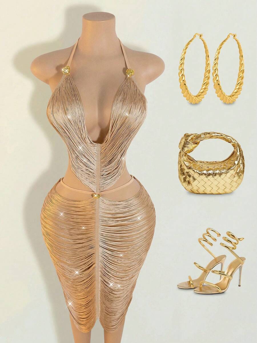 BamGleam 性感镂空金属流苏海滩派对连衣裙 - 杏色 - 查看 1