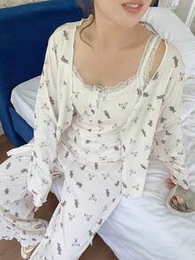 Dazy Plus 3件套加大码女式碎花吊带背心、宽松睡袍和松紧腰裤睡衣套装，秋冬服装 - 杏色 - 查看 8