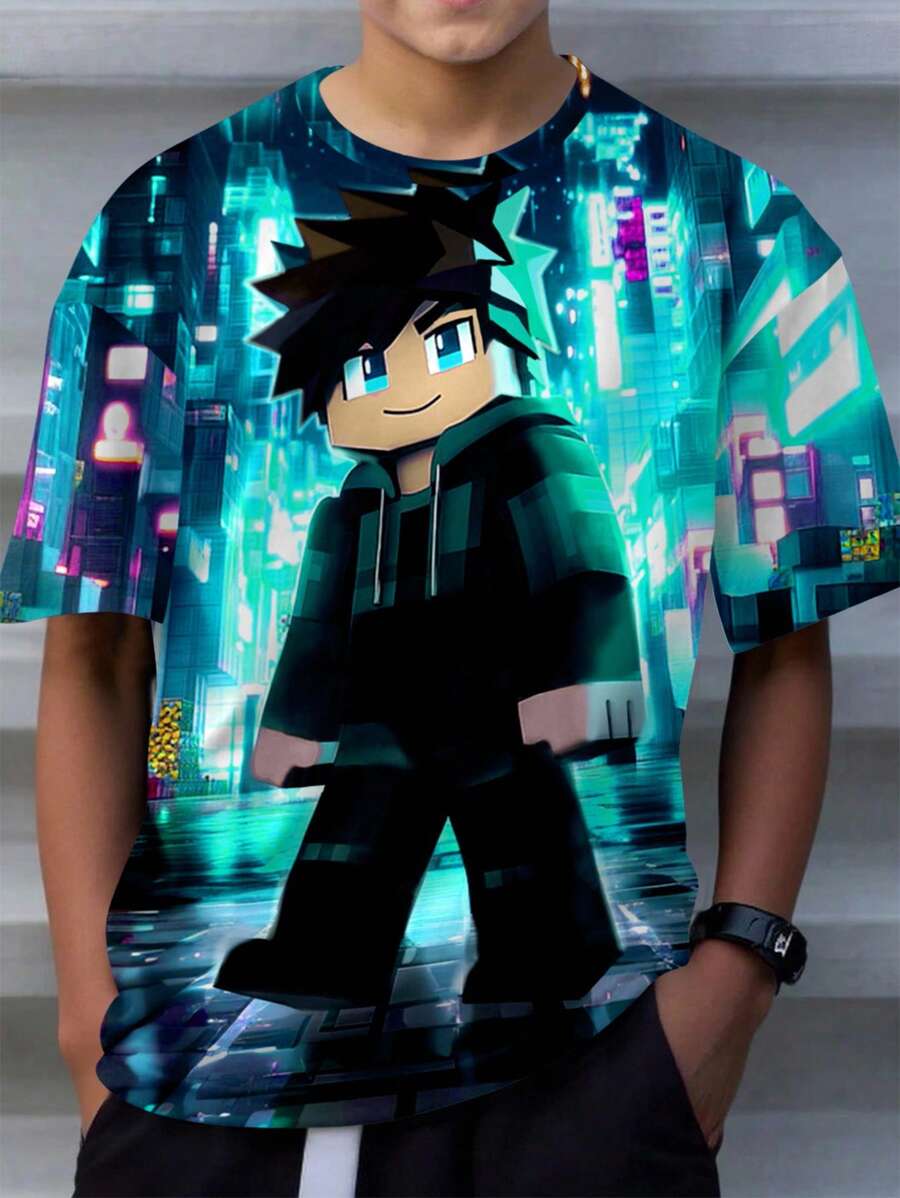 SHEIN Tween Boys' Casual Minimalist Short Sleeve Crew Neck T-Shirt, Suitable For Summer - Multicolor - View 1