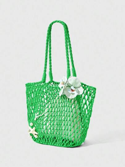 Fairycore 1 Set Beige  Woven Beach Tote Bag And Accessories, Personalized Fashion Beach Vacation Style Women Handbag (Includes 1 Bag And 1 Set Of Accessories)