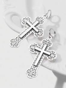 ROMWE 2pcs Y2K Retro Punk Goth Style Silver Hollow Floral Cross Dangle Earrings Set, Suitable For Women Daily Wear, Holiday Gift - Silver - View 7