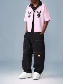 PLAYBOY X SUMWON Kaninchen-Muster Knopfleiste Bowling Hemd Kurzarm Retro Streetwear Lässig Sommer Club Festival Mode