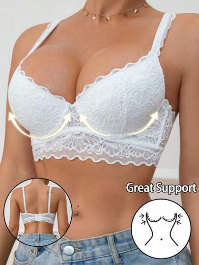 SHEIN Women Sexy Elegant Solid Color Floral Lace Scallop Trim Push Up Underwire Instantlift Bra Lingerie