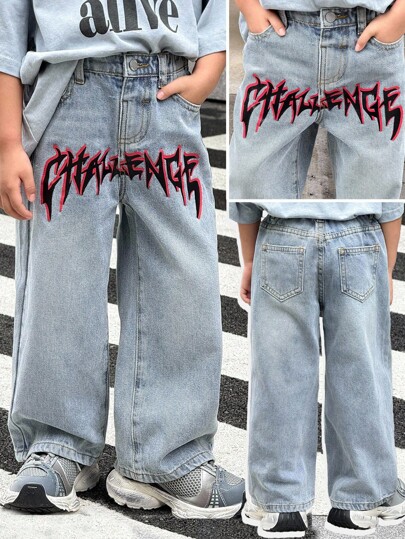 SHEIN Young Boy Fall And Winter Vintage Distressed Street Cool Style Retro Blue Denim Letter & Graffiti Printed Loose Fit Baggy Jeans,New Products,For Boys Back To School And Streetwear Outfits,Toddler Jeans,Boys Halloween Outfits