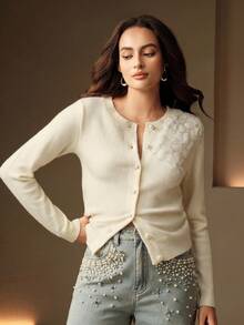Anewsta Women's Elegant Knitted Cardigan With Pearl Buttons And Floral Embroidery, Round Neck, Suitable For Autumn/Winter