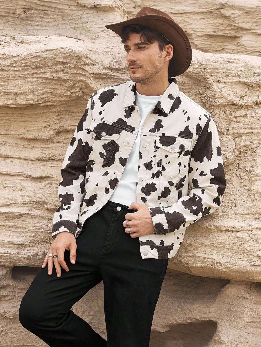 RivetRise Men's Asymmetrical Cow Print Denim Jacket, Fashionable Casual Outerwear , Fall