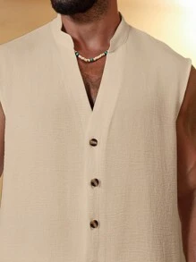 Genlund 男士夏季纯色单排扣上衣，性感户外男士无袖衬衫，男士背心，男士休闲上衣，男士纹理衬衫，男士纽扣无袖衬衫 - 杏色 - 查看 4