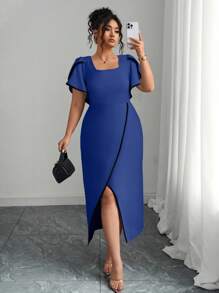 Elenzga 大码女式方领花瓣下摆短袖侧开衩优雅连衣裙 - 藏蓝色 - 查看 4