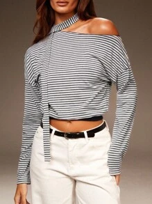 Athîral Áo thun nữ tay dài cổ trễ vai họa tiết sọc bất đối xứng, dáng croptop thường ngày - Nhiều màu - Xem 1