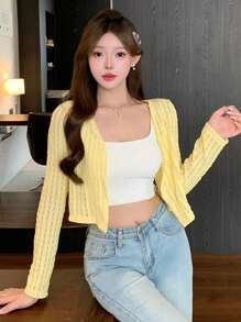 DAZY Cream Yellow Textured Short Cardigan Lace Blouse Top Lightweight Jacket For Women, Suitable For Autumn, Spring & Summer,Fall Women Clothes - Yellow - View 1
