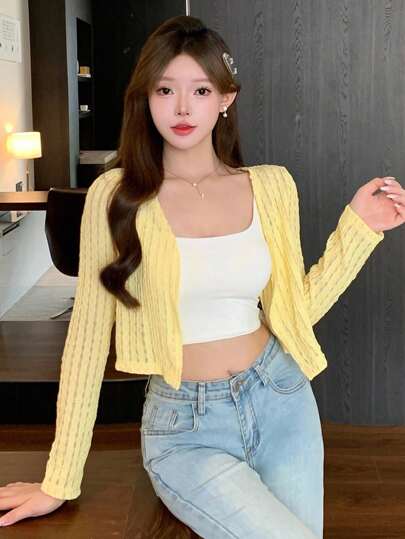 DAZY Cream Yellow Textured Short Cardigan Lace Blouse Top Lightweight Jacket For Women, Suitable For Autumn, Spring & Summer,Fall Women Clothes