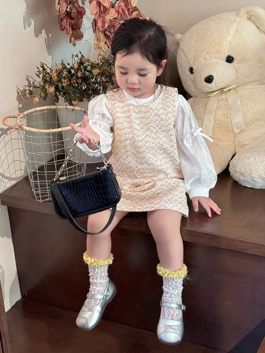 DAZY 2件套女婴圆领缀饰连衣裙和休闲蝴蝶结衬衫套装