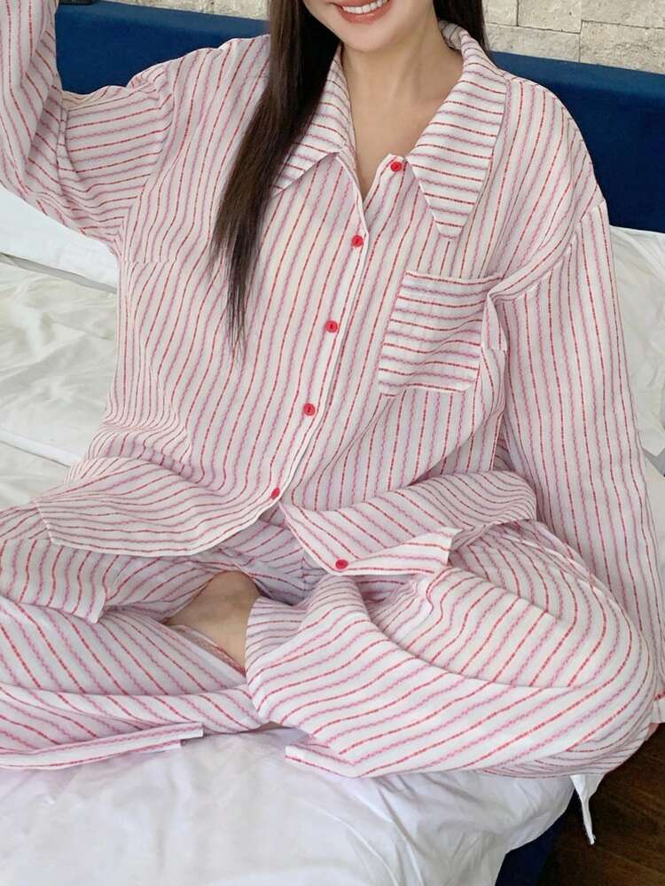 Dazy Plus Plus 2pcs Loose Striped Long Sleeve Top And Pants Pajama Set, Pink Sleepwear, Fall Clothes