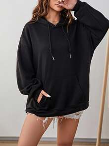 SHEIN EZwear Slogan & Cartoon Graphic Drop Shoulder Hoodie - Black - View 3