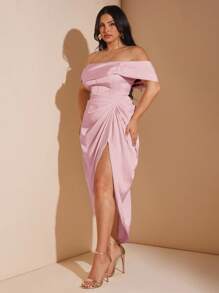 SHEIN BAE 大码女式优雅垂坠中长连衣裙，适合婚礼、伴娘、鸡尾酒会、正式场合 - 藕粉色 - 查看 6