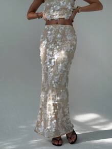 Aloruh Date Night Outfits Women Music Festival Party Disco Sequin Textured High Slit Skirt For Women - Multicolor - View 2