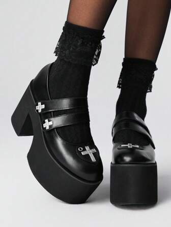 Grunge Punk Women's High Heel Mary Jane Pumps, Punk Style Rivet & Hook And Loop Design, Black Platform Heels Suitable For Party, Daily Wear, Evening Dress, Height Increase And Leg Lengthening, Comfortable And Versatile