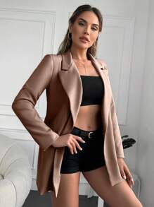 SHEIN Cottnline Lapel Collar Double Breasted Blazer - Khaki - View 3