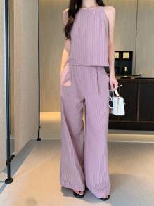 DAZY 女式夏季条纹细肩带上衣和休闲裤两件套 - 藕粉色 - 查看 4