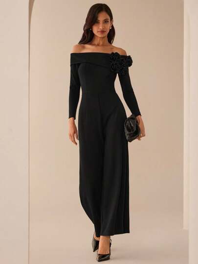 Lilora Women's Casual Commuter 3D Flower Off Shoulder Jumpsuit Off Shoulder Formal Dress Elegant Black Dresses For Women Long Sleeve Elegant Dress Black Off The Shoulder Dress Off The Shoulder Long Sleeve Dress Outing Outfits For Going Out, Outing Outfits For Going Out, Office Outfits For Ladies,